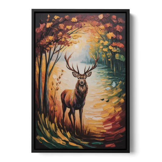 Deer Hunt in Autumn - Black Framed Canvas Wall Art - Front