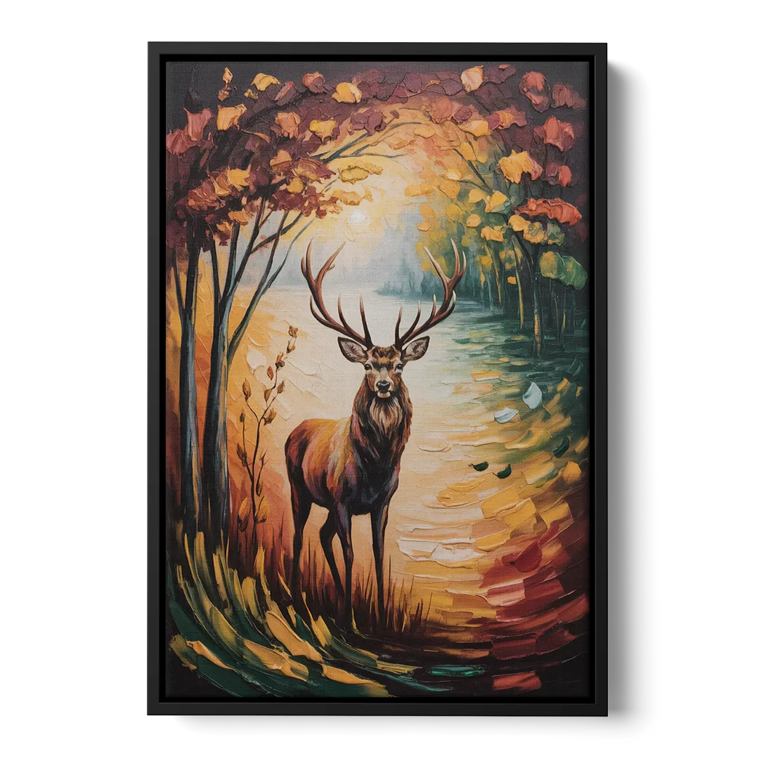 Deer Hunt in Autumn - Black Frame Canvas