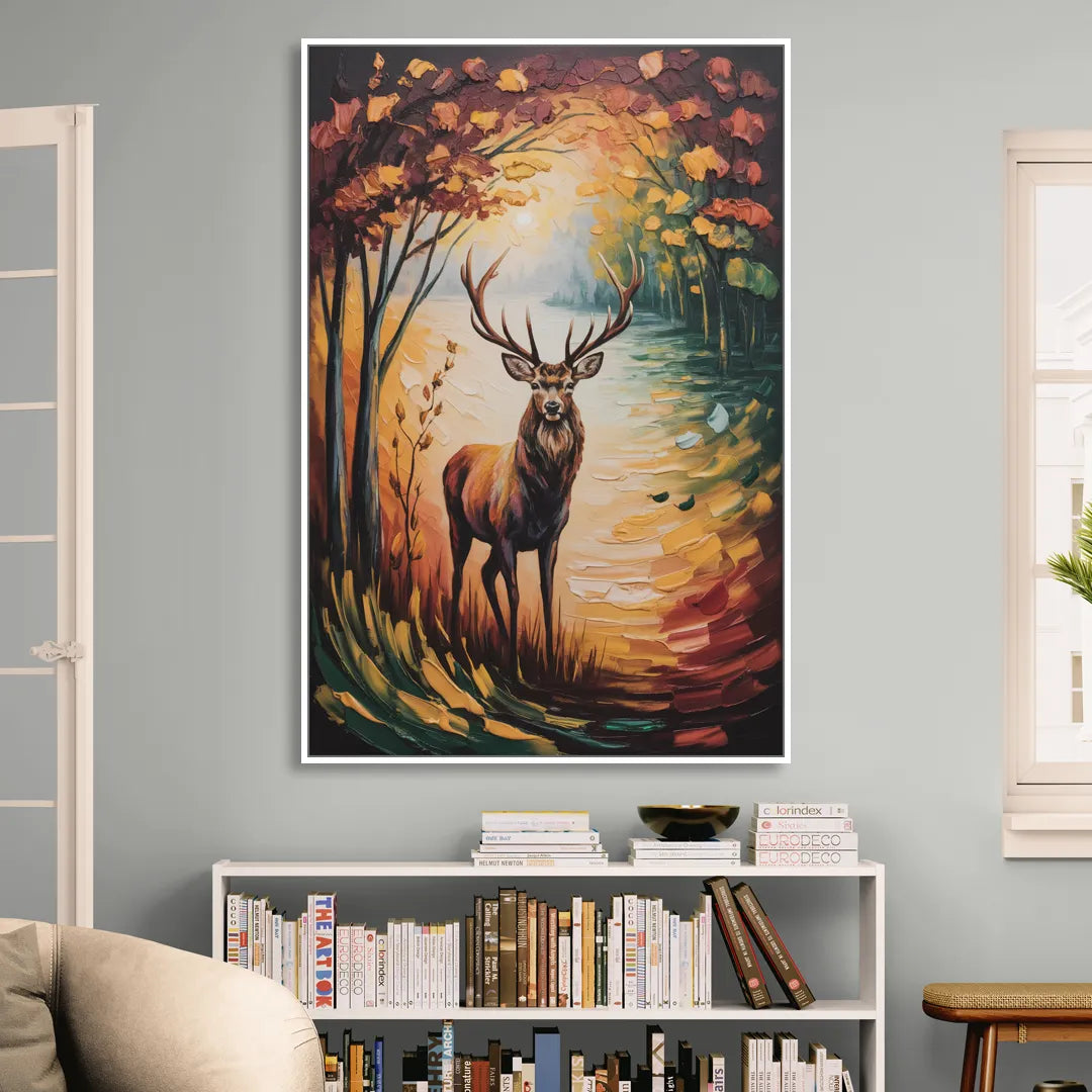 Deer Hunt in Autumn Sitting Room - White Canvas Wall Art