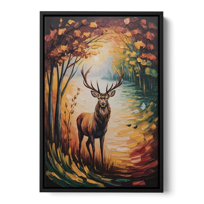 Deer Hunt in Autumn Front - Black Canvas Wall Art