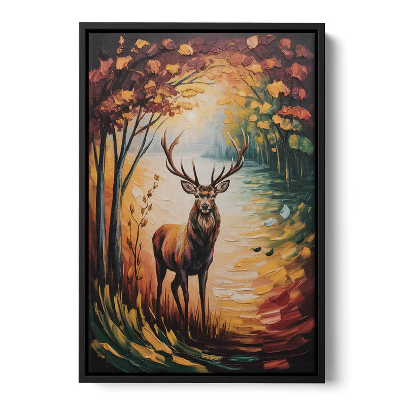 Deer Hunt in Autumn Front - Black Canvas Wall Art
