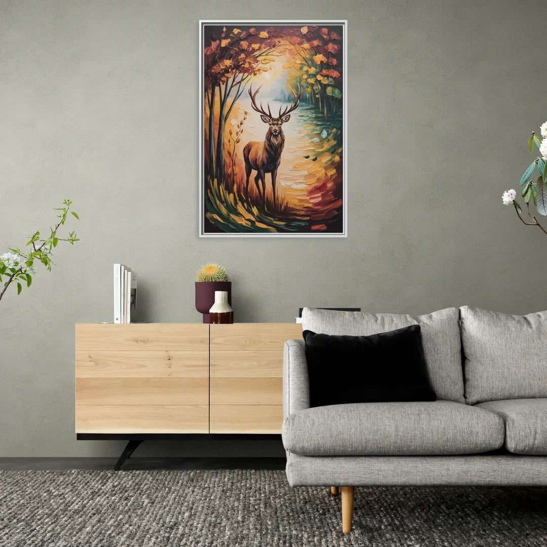 Deer Hunt in Autumn - Living Room White Frame Canvas