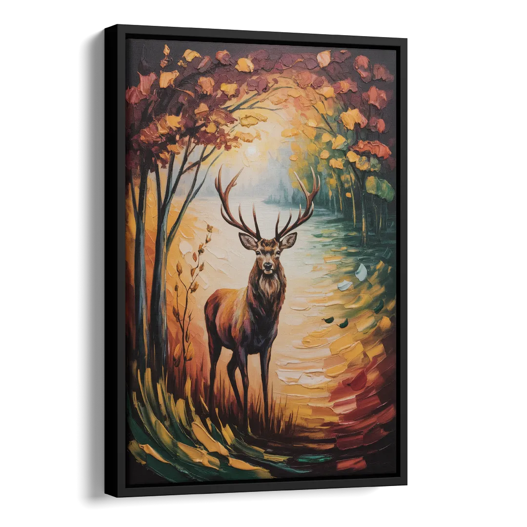 Deer Hunt in Autumn Side - Black Canvas Wall Art