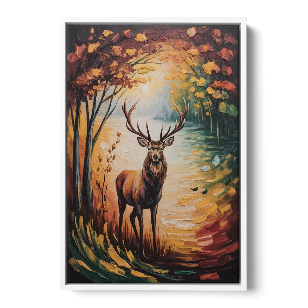 Deer Hunt in Autumn Front - White Canvas Wall Art