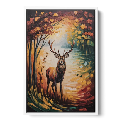 Deer Hunt in Autumn Front - White Canvas Wall Art