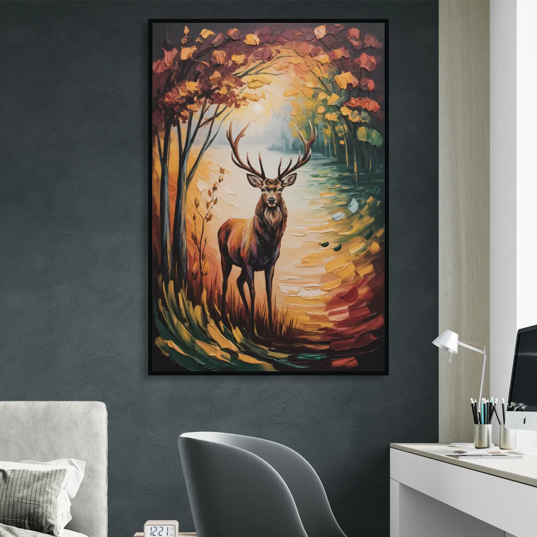 Deer Hunt in Autumn Living Room - Black Canvas Wall Art