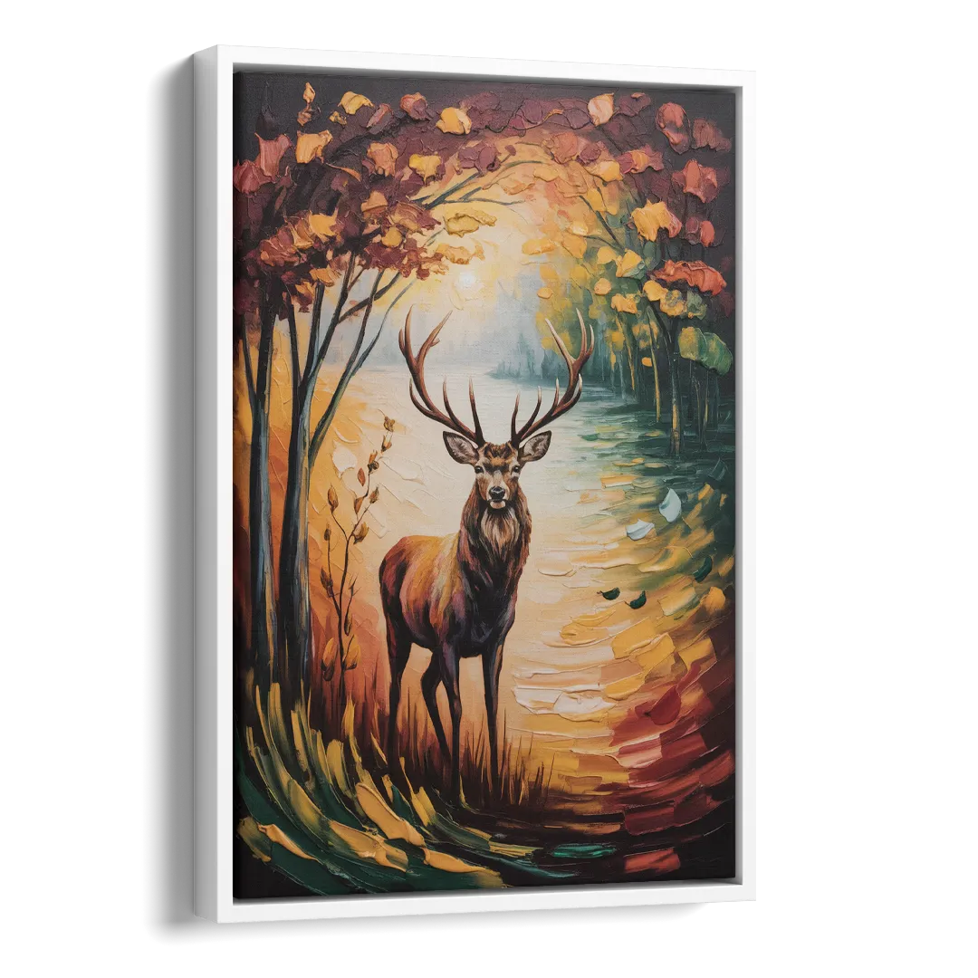 Deer Hunt in Autumn Side - White Canvas Wall Art