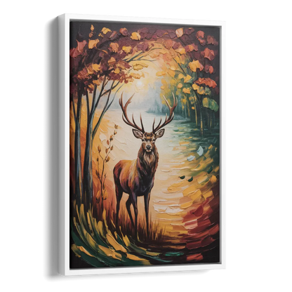 Deer Hunt in Autumn Side - White Canvas Wall Art