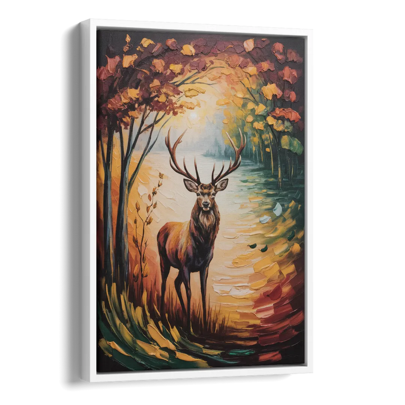 Deer Hunt in Autumn Side - White Canvas Wall Art