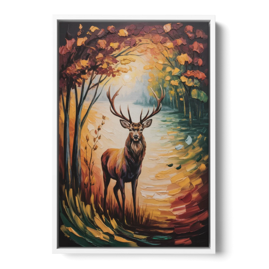 Deer Hunt in Autumn - White Framed Canvas Wall Art - Front