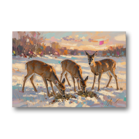 Deer in Snow Painting at Golden Hour - Canvas Wall Art - Front