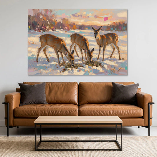 Deer in Snow Painting at Golden Hour - Canvas Wall Art - Sofa - 60x40