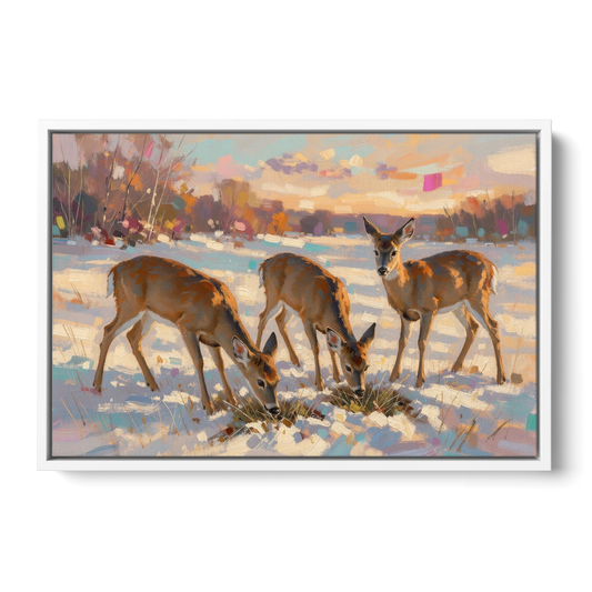 Deer in Snow Painting at Golden Hour - White Framed Canvas Wall Art - Front