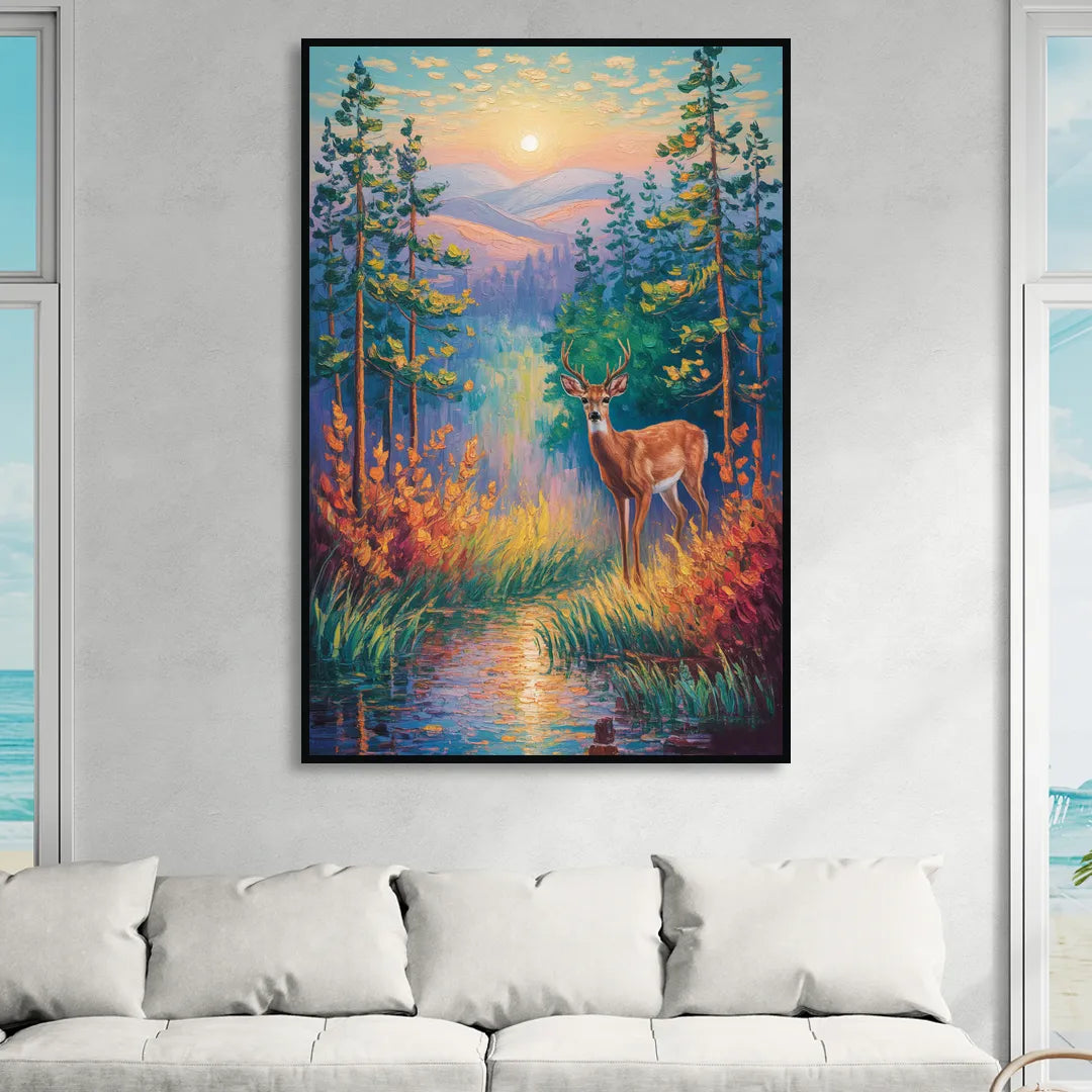 Deer in the Serene Forest Sitting Room - Black Canvas Wall Art