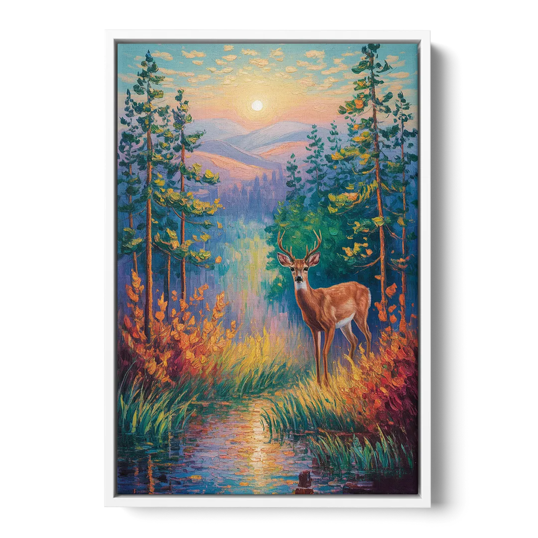 Deer in the Serene Forest - White Frame Canvas