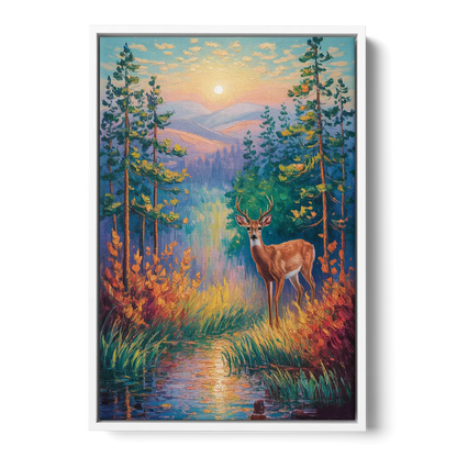 Deer in the Serene Forest - White Frame Canvas