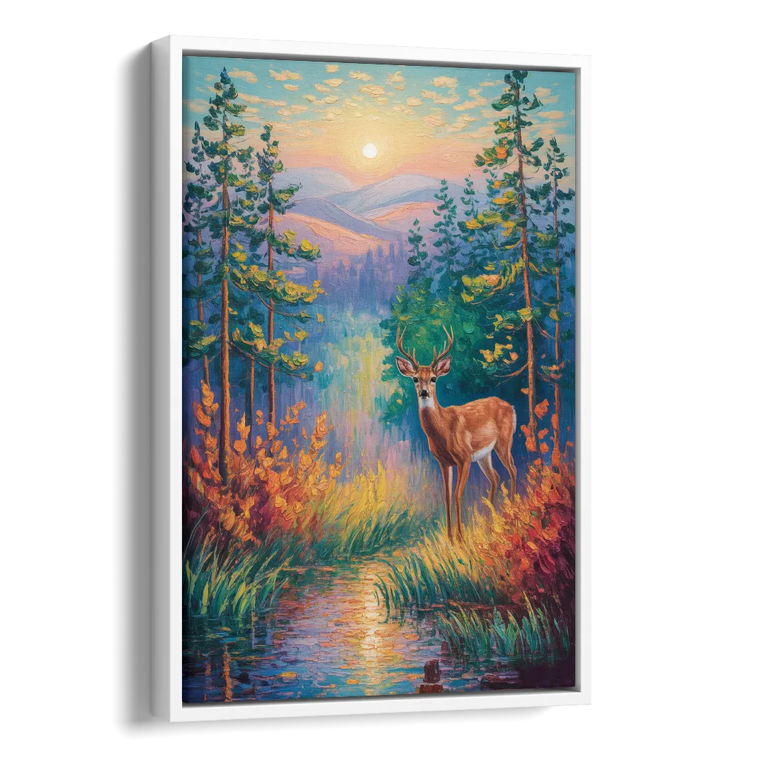 Deer in the Serene Forest Side - White Canvas Wall Art