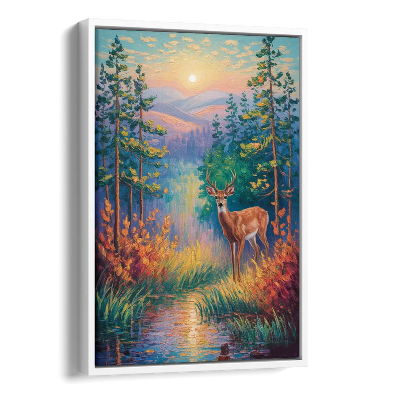 Deer in the Serene Forest Side - White Canvas Wall Art
