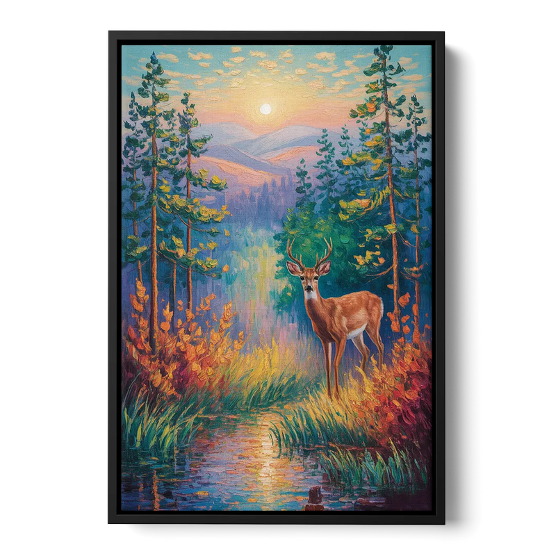 Deer in the Serene Forest Front - Black Canvas Wall Art