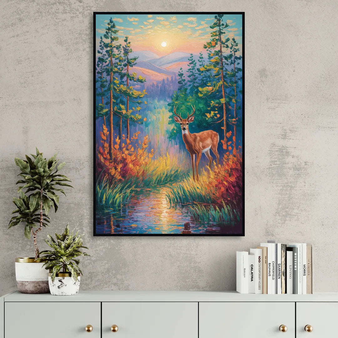 Deer in the Serene Forest Living Room - Black Canvas Wall Art