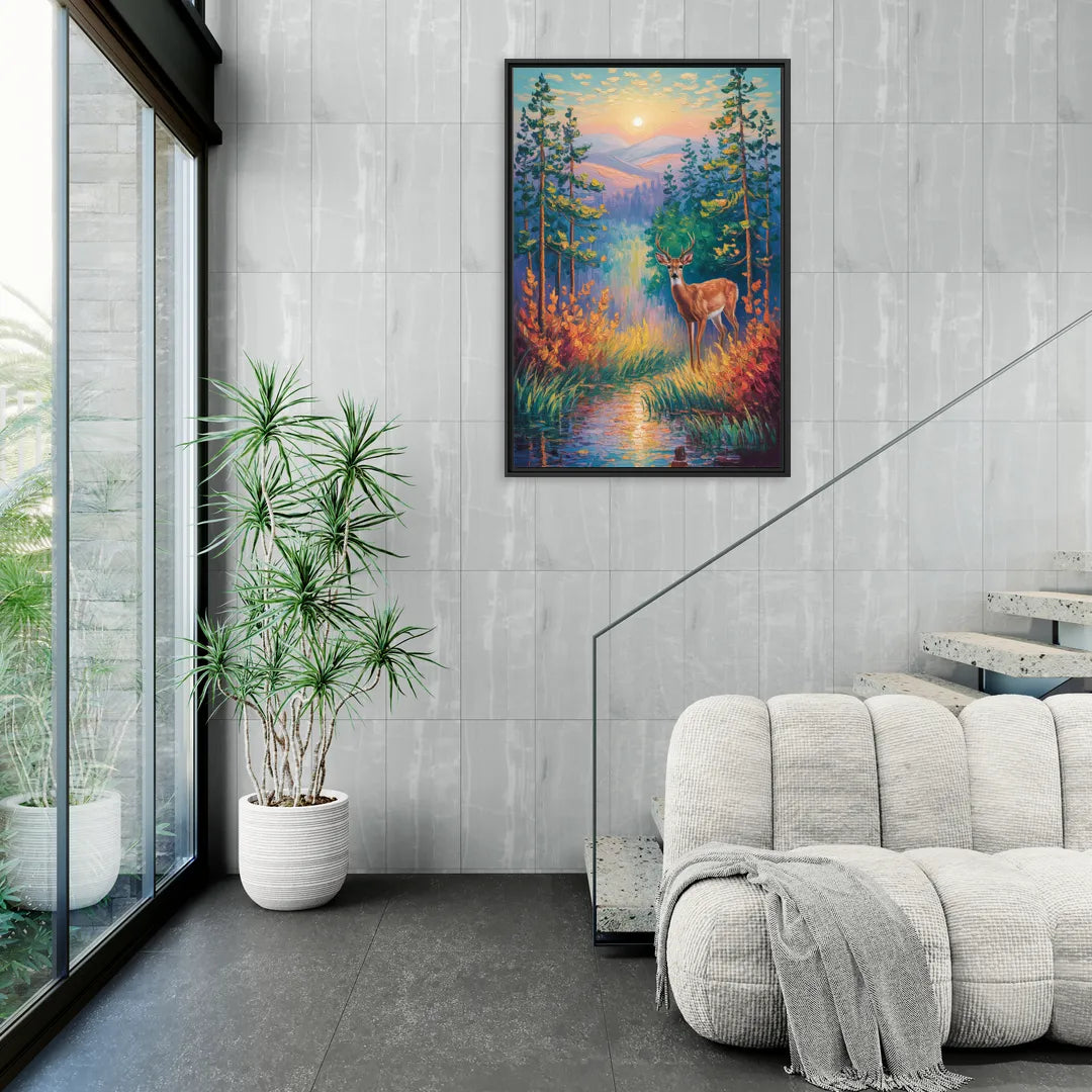 Deer in the Serene Forest - Living Room Black Frame Canvas