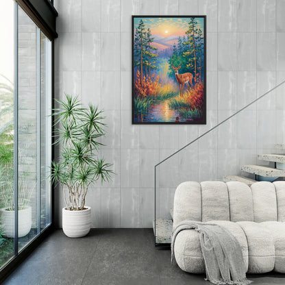 Deer in the Serene Forest - Living Room Black Frame Canvas