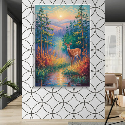 Deer in the Serene Forest Sitting Room - White Canvas Wall Art