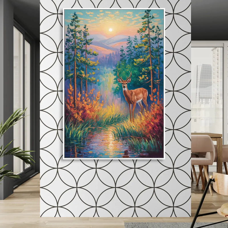 Deer in the Serene Forest Sitting Room - White Canvas Wall Art