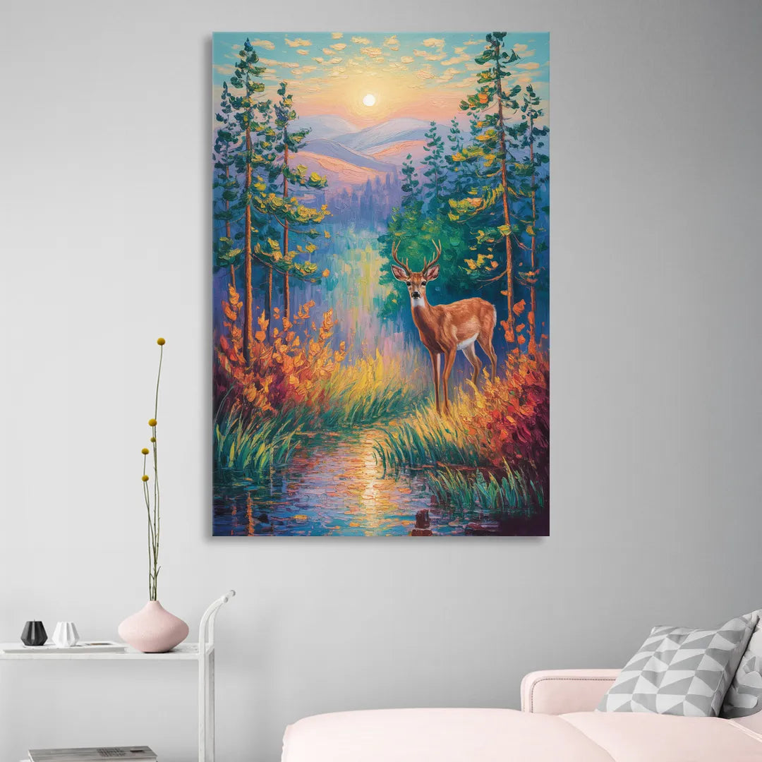 Deer in the Serene Forest Sitting Room - Canvas Wall Art