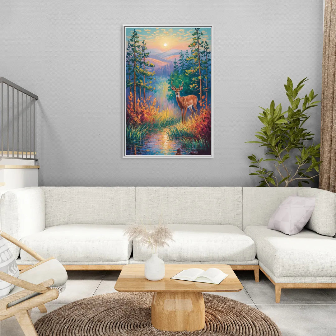 Deer in the Serene Forest - Living Room White Frame Canvas