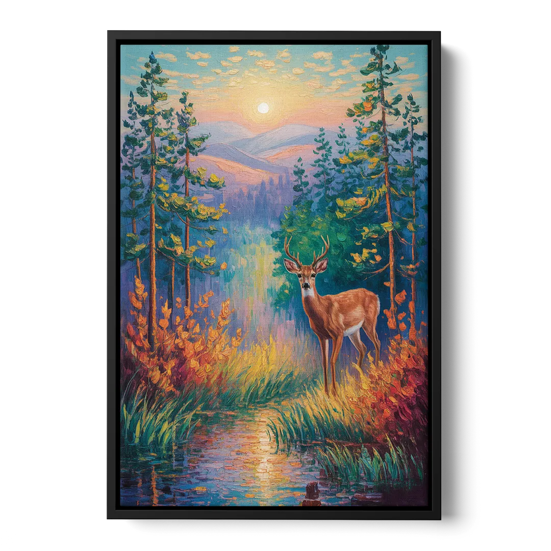 Deer in the Serene Forest - Black Frame Canvas