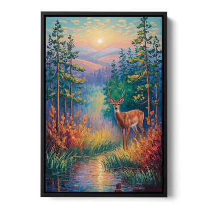 Deer in the Serene Forest - Black Frame Canvas