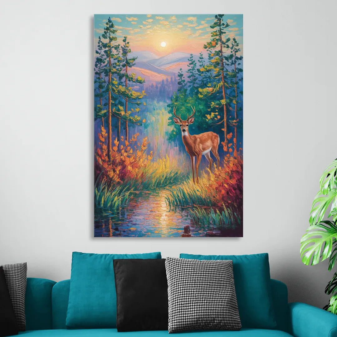 Deer in the Serene Forest Living Room - Canvas Wall Art