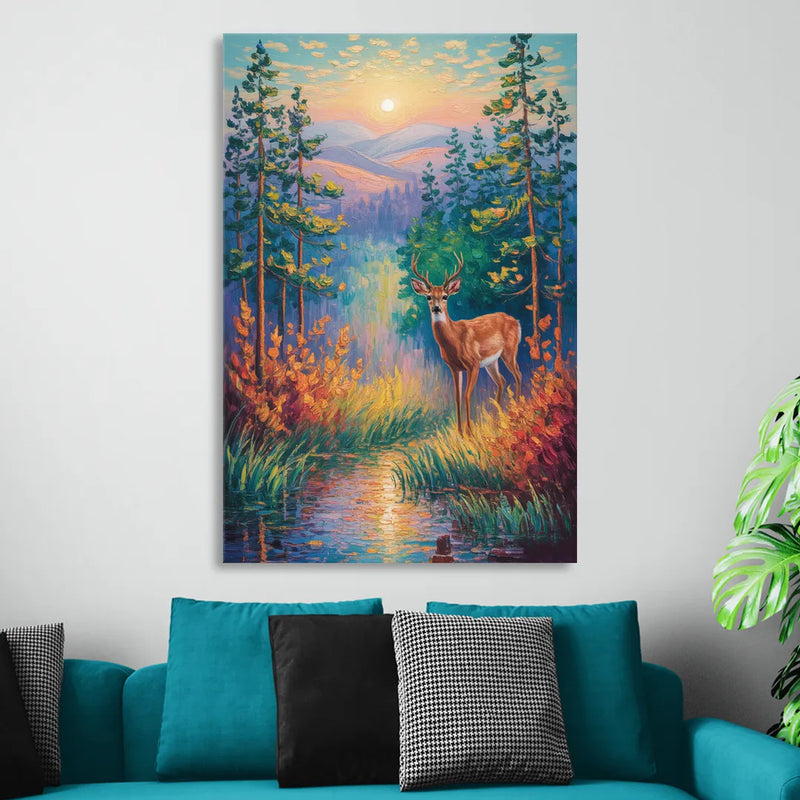Deer in the Serene Forest Living Room - Canvas Wall Art