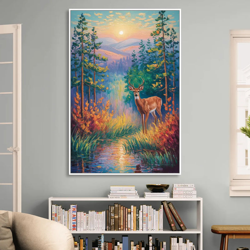Deer in the Serene Forest Living Room - White Canvas Wall Art
