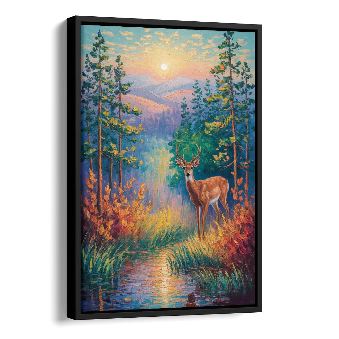 Deer in the Serene Forest Side - Black Canvas Wall Art