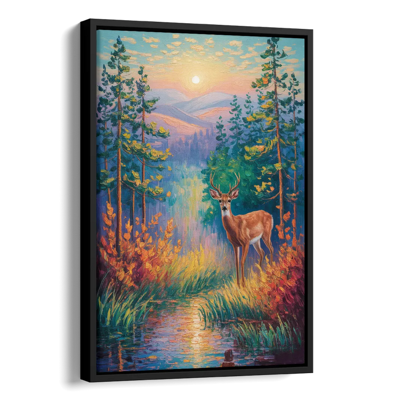 Deer in the Serene Forest Side - Black Canvas Wall Art