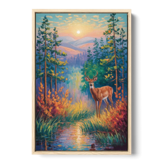 Deer in the Serene Forest - Oak Framed Canvas Wall Art - Front