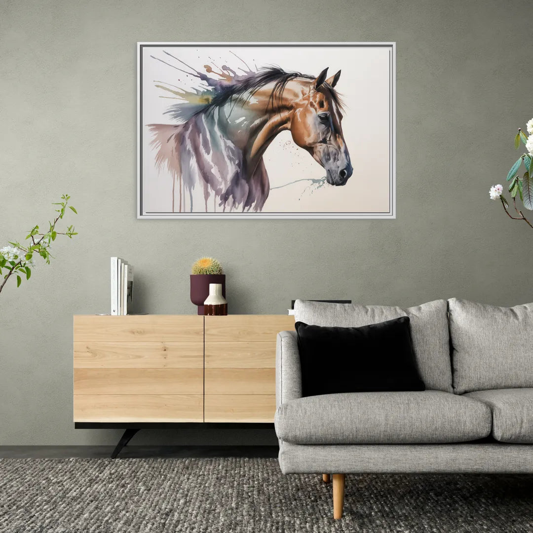 Delicate Horse Watercolor Portrait - Living Room White Frame Canvas