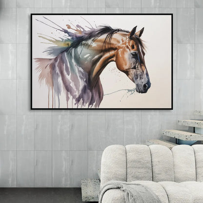 Delicate Horse Watercolor Portrait Sitting Room - Black Canvas Wall Art