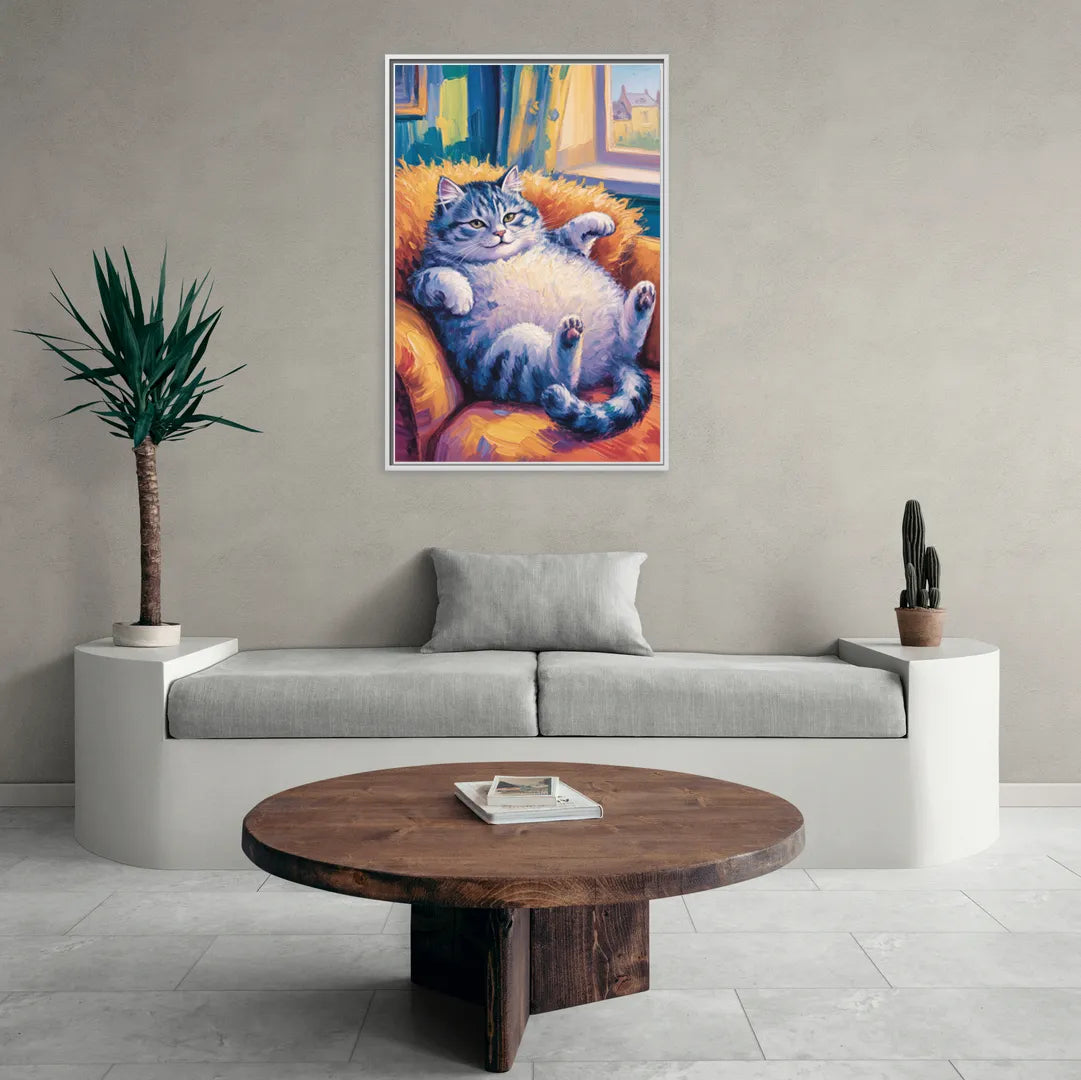 Delightful Fat Cat - Living Room White Frame Canvas