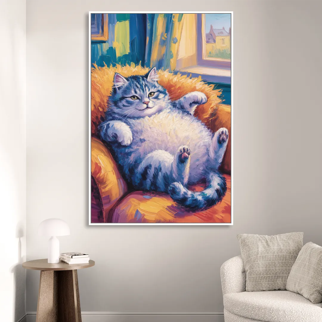 Delightful Fat Cat Sitting Room - White Canvas Wall Art