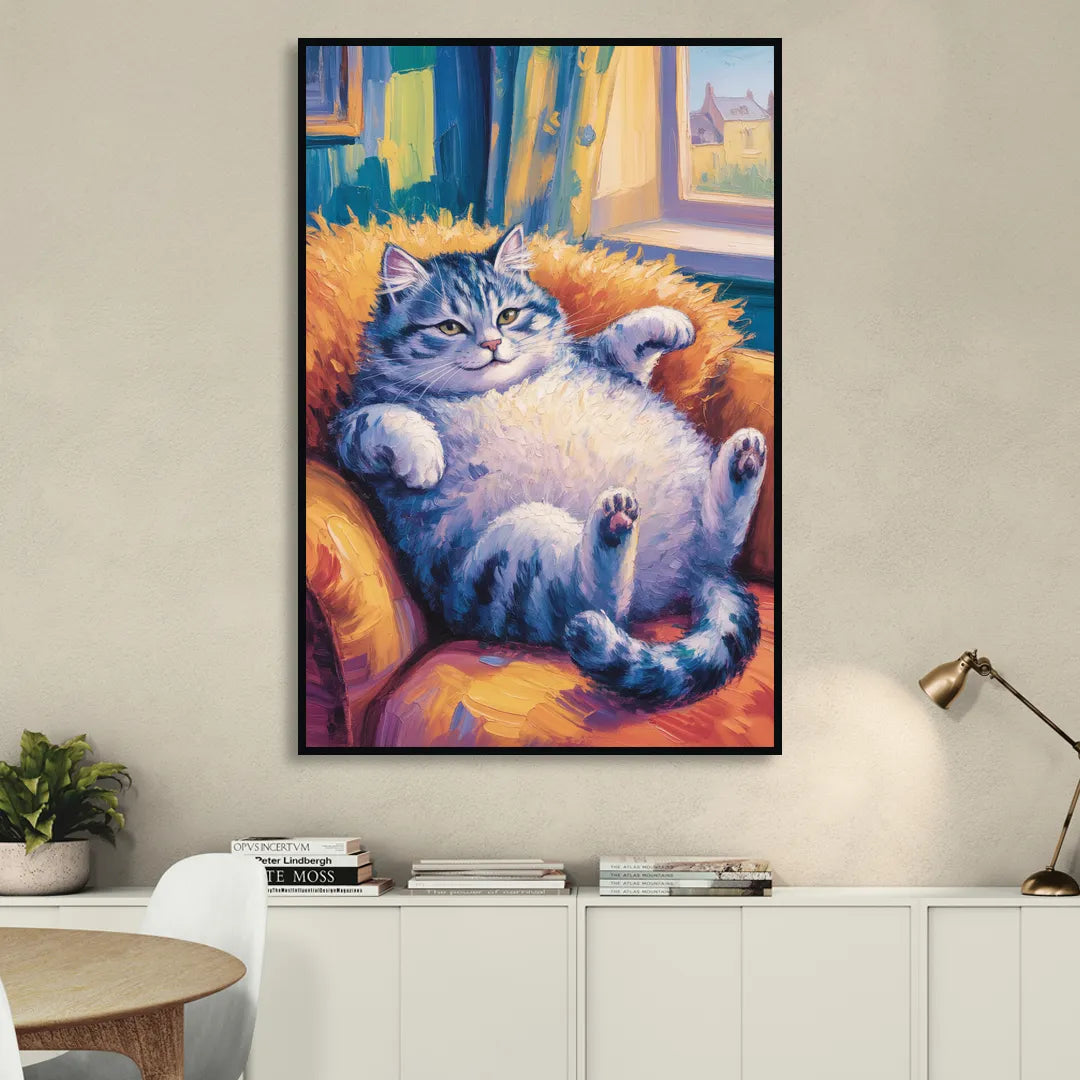 Delightful Fat Cat Sitting Room - Black Canvas Wall Art