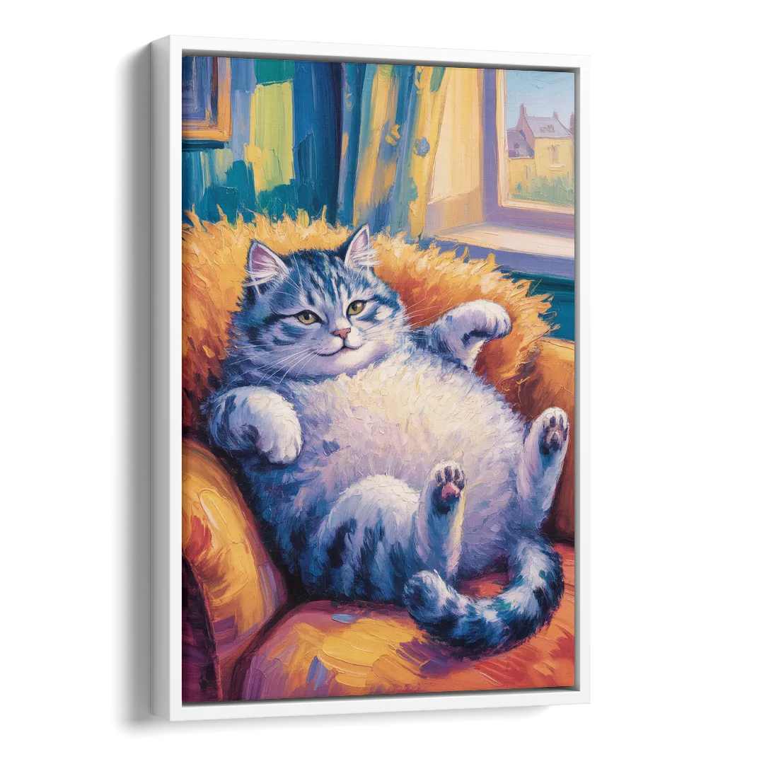 Delightful Fat Cat Side - White Canvas Wall Art