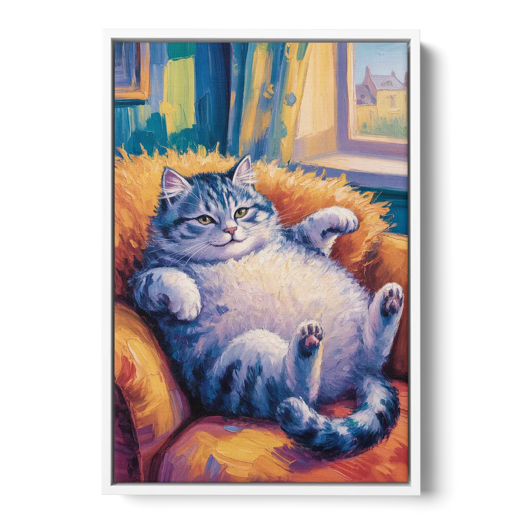 Delightful Fat Cat - White Frame Canvas