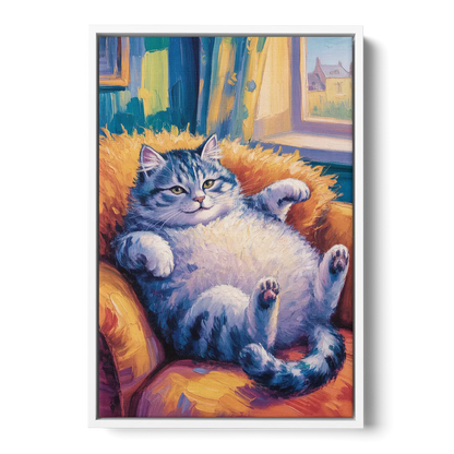 Delightful Fat Cat - White Frame Canvas