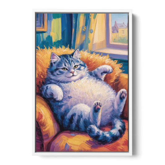 Delightful Fat Cat - White Framed Canvas Wall Art - Front