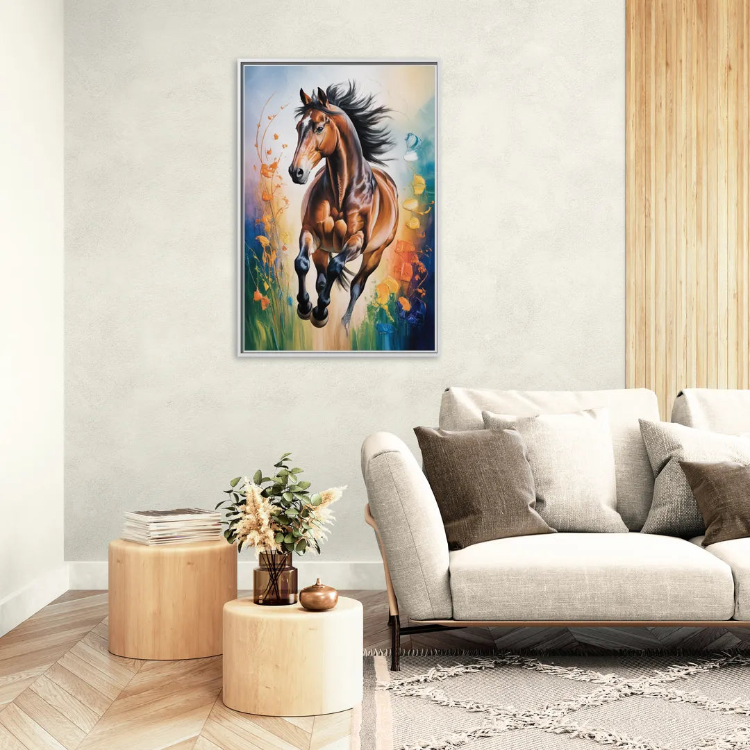 Delightful Horse Play - Living Room White Frame Canvas