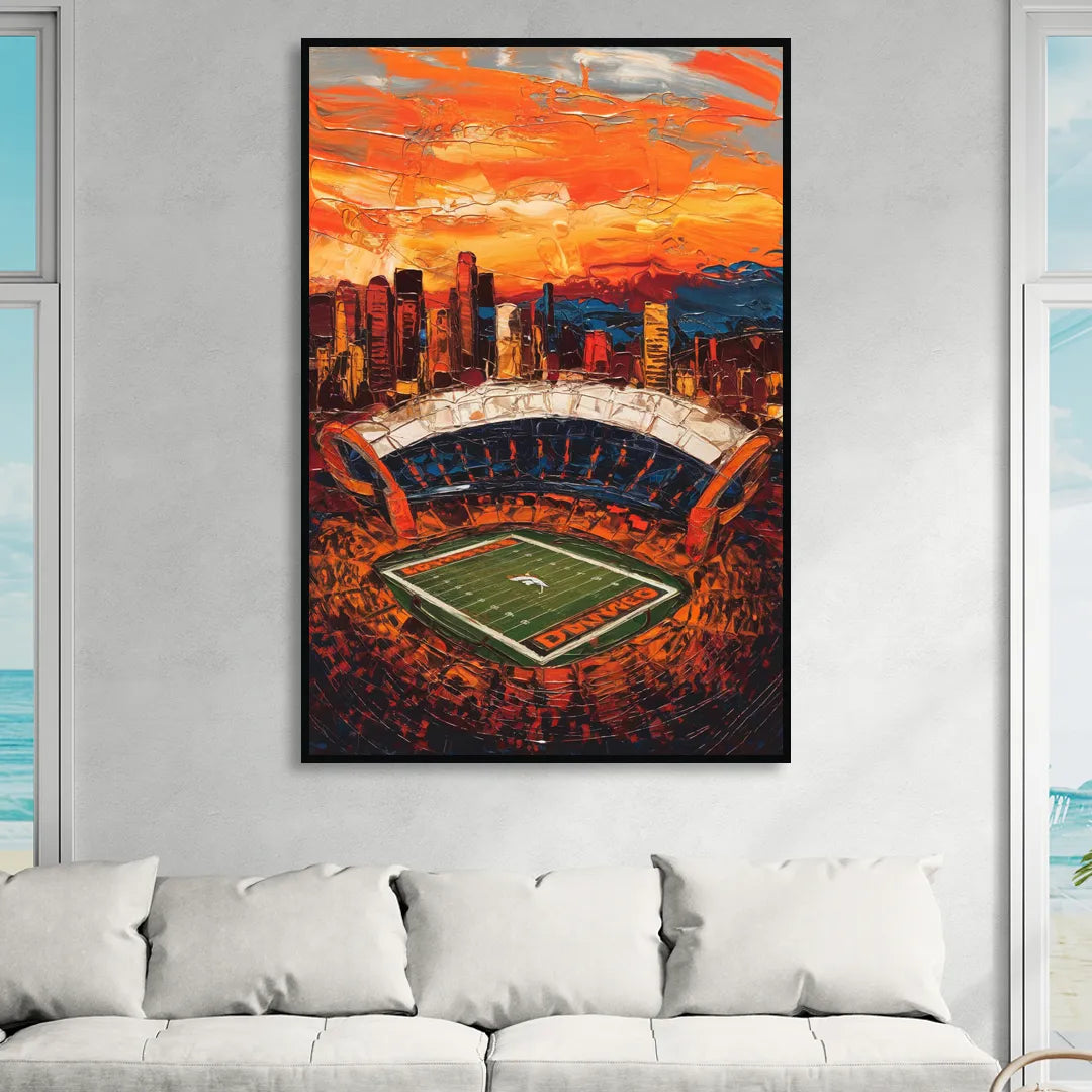 Denver Broncos Stadium Living Room - Black Canvas Wall Art