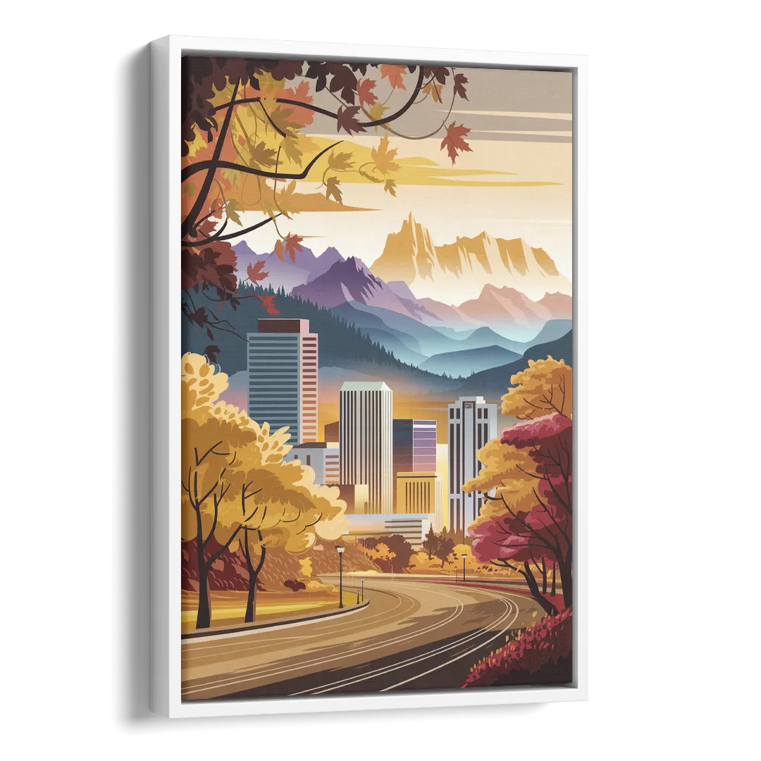 Denver Cityscape in Autumn Side - White Canvas Wall Art